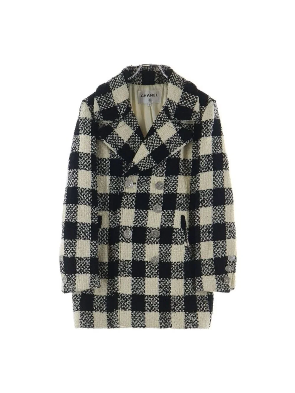Chanel Tweed Block Check Double Coat White Black